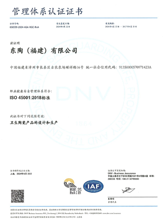 東陶（福建）有限公司 ISO45001認證證書